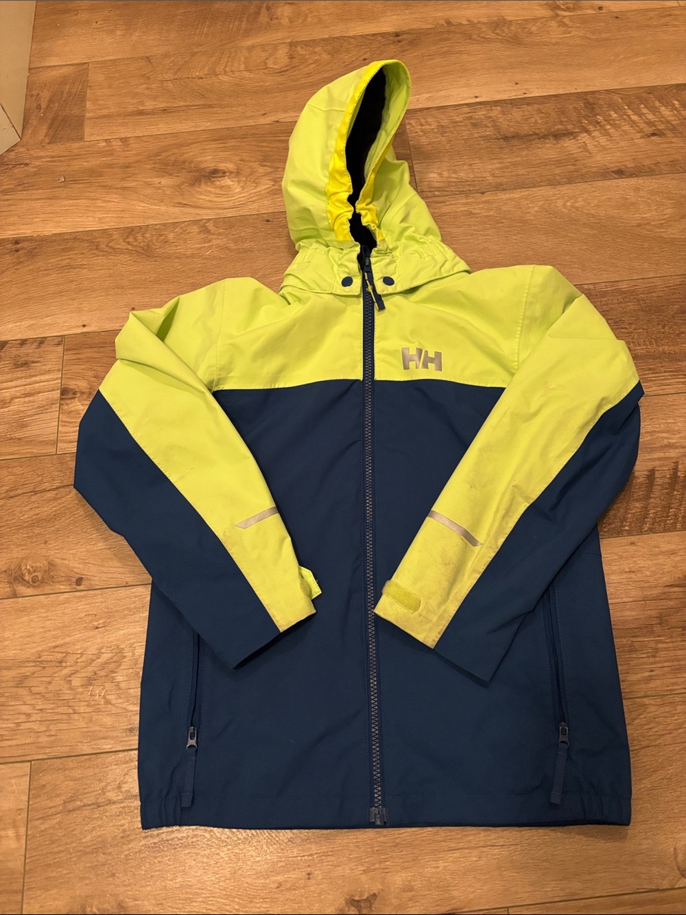 Helly Hansen Neon Yellow and Navy Colorblock Hooded Rain Jacket